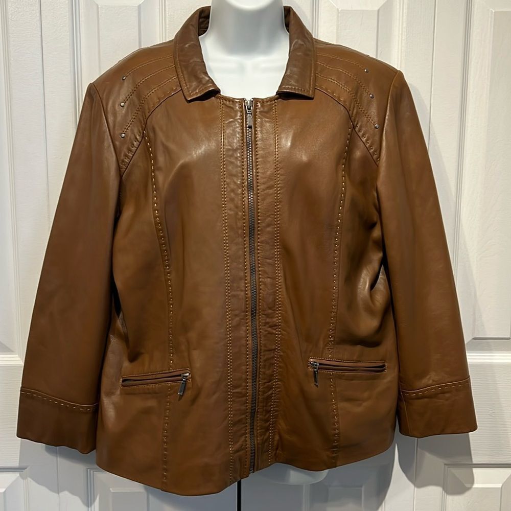 Hide Society Brown Leather Zip‎ Up Jacket Size 18